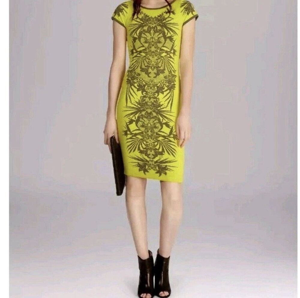 Karen Millen Tropical Mirrored Knit Dress Chartreuse Sz 3 US 4 6 ASO Gayle King